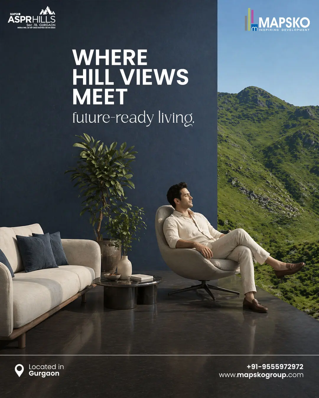 ASPR Hills post reading Where hill views meet future-ready living, with a man in an armchair facing a green hillside