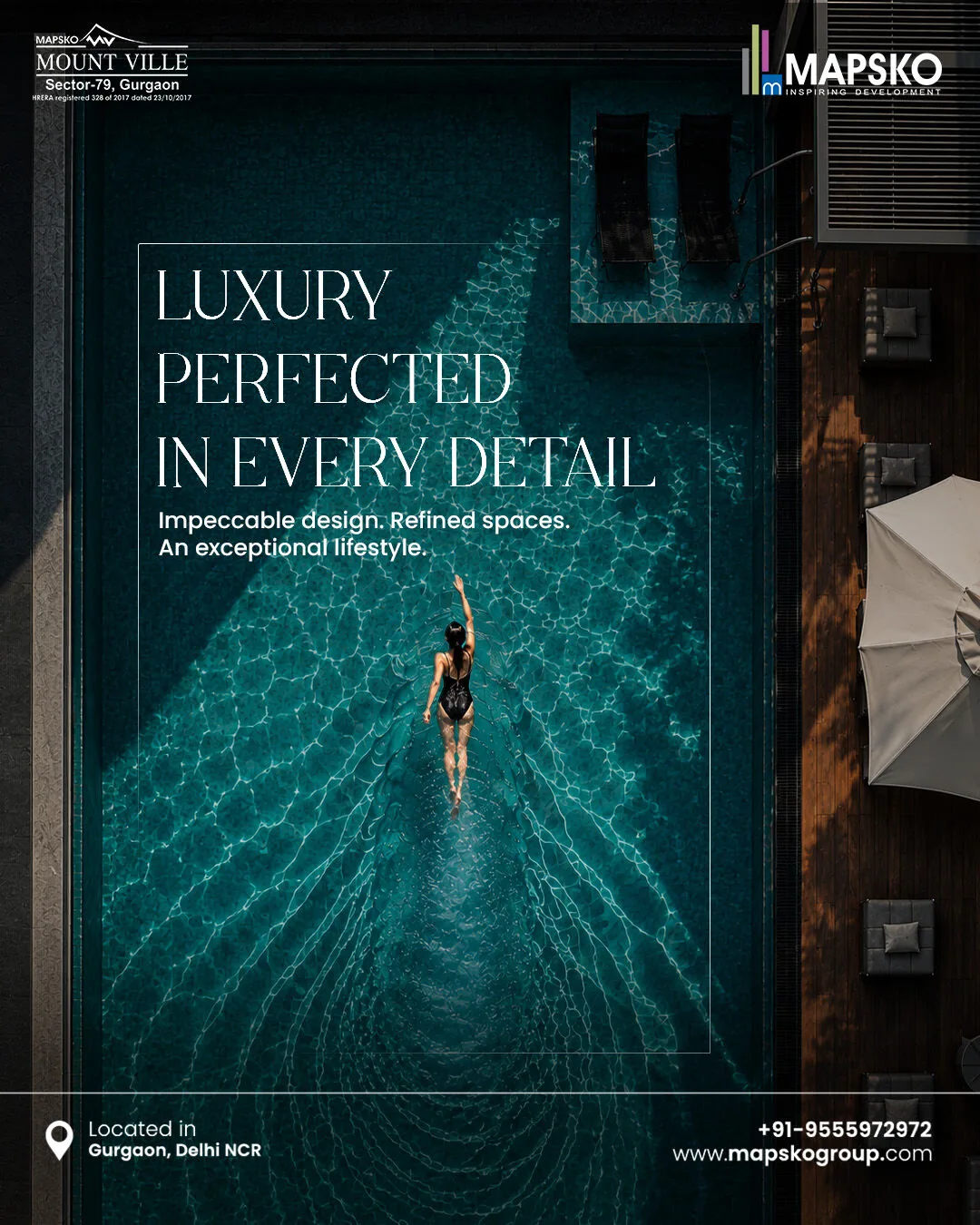 Mount Ville post reading Luxury perfected in every detail, over a swimmer in a teal pool seen from above, beside a deck
